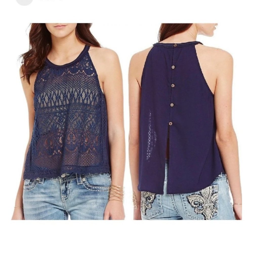 Miss Me Navy‎ Tank Top W/ Halter Neckline Sheer Lace Front Button Detail Small
